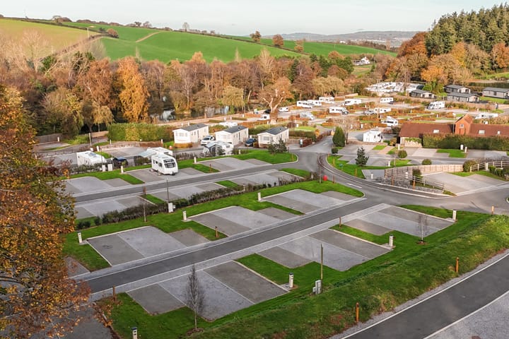 Aerial view of Cofton Holidays' touring pitches in autumn Aerial view of Cofton Holidays' touring pitches in autumn