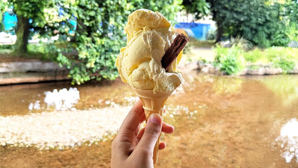 Holding a clotted cream ice-cream from Gay's Creamery, Dawlish